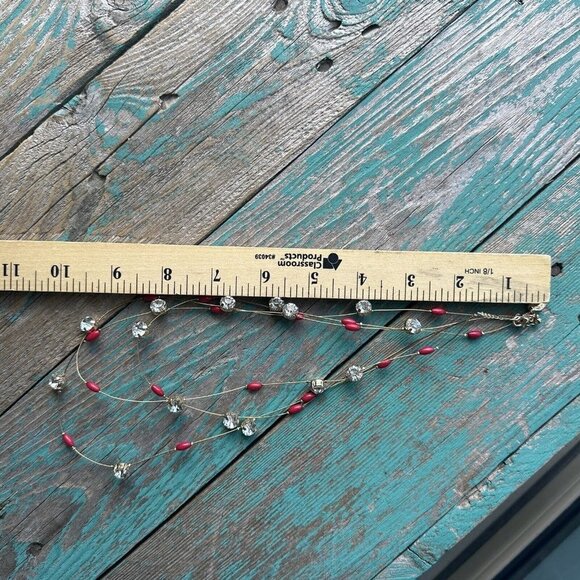 VTG Charming Charlie Necklace Wire Choker‎ Red Beads Rhinestones Gold Tone 20" - Picture 7 of 7
